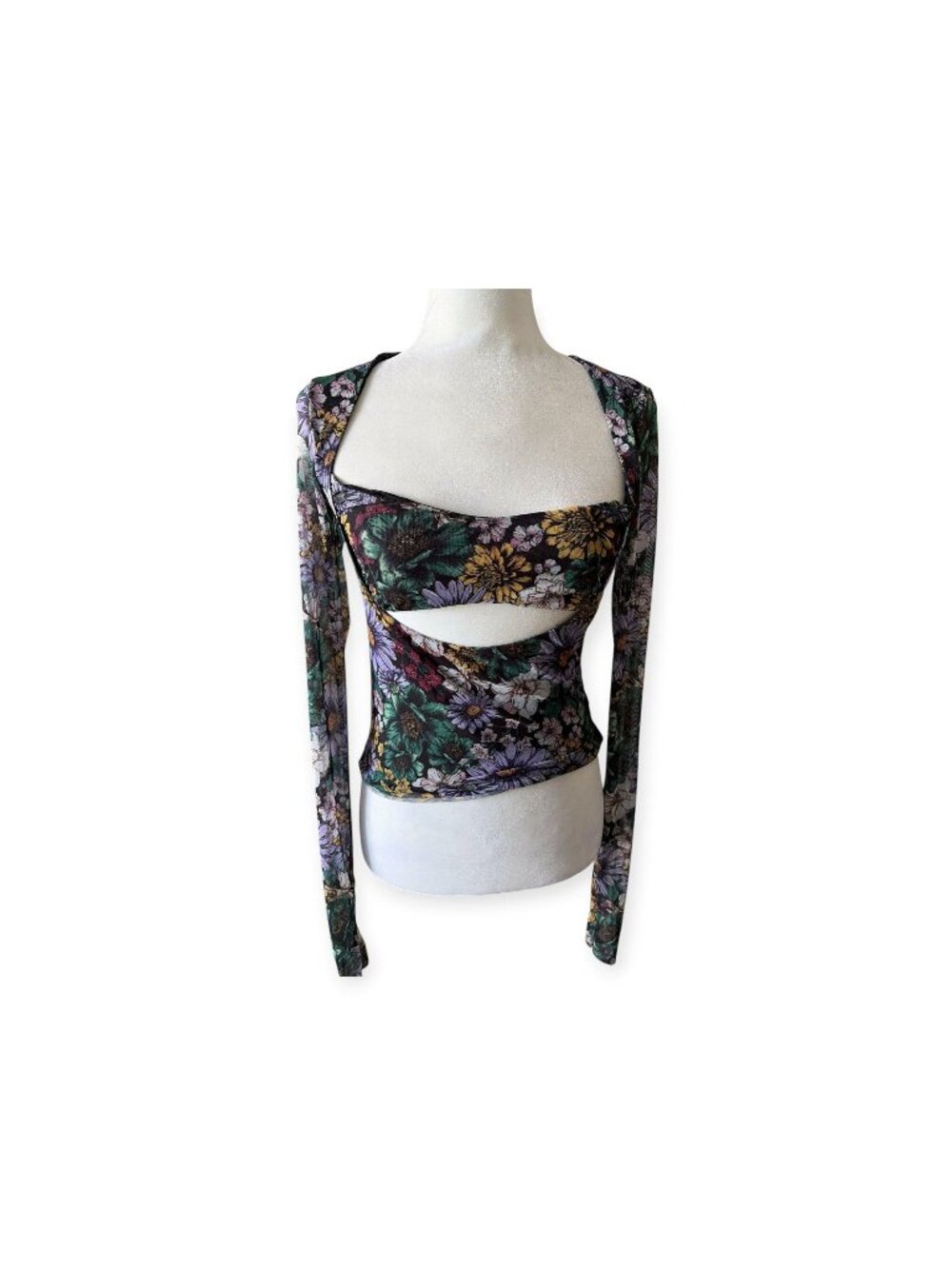AFRM Mackenzie Floral Long Sleeve Cutout Crop Top - Size S Boho Festival Dark Fl